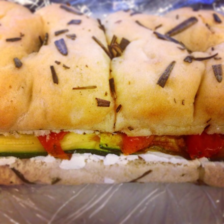 Goats cheese, grilled courgette and sundried tomato on focaccia. Eaten at my desk