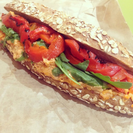 The Hummus, Harissa and Roasted Red Peppers Baguette from Workshop Coffee, Fitzrovia