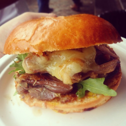 Duck confit burger with duck skin scratching at The Frenchie, Camden Food Market