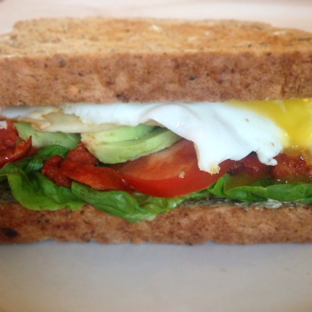 The perfect pre-drinking sandwich: lettuce, chorizo, tomato, avocado, cheese and a fried egg