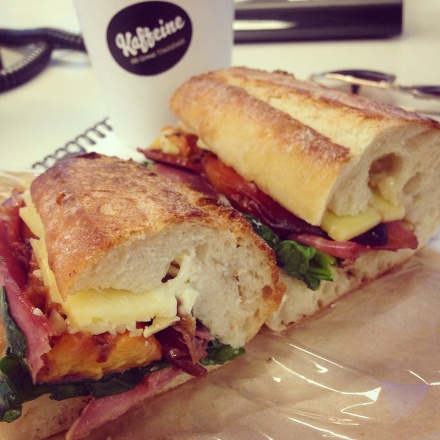 The ham, cheese and grilled peach baguette from Kaffeine, Fitzrovia